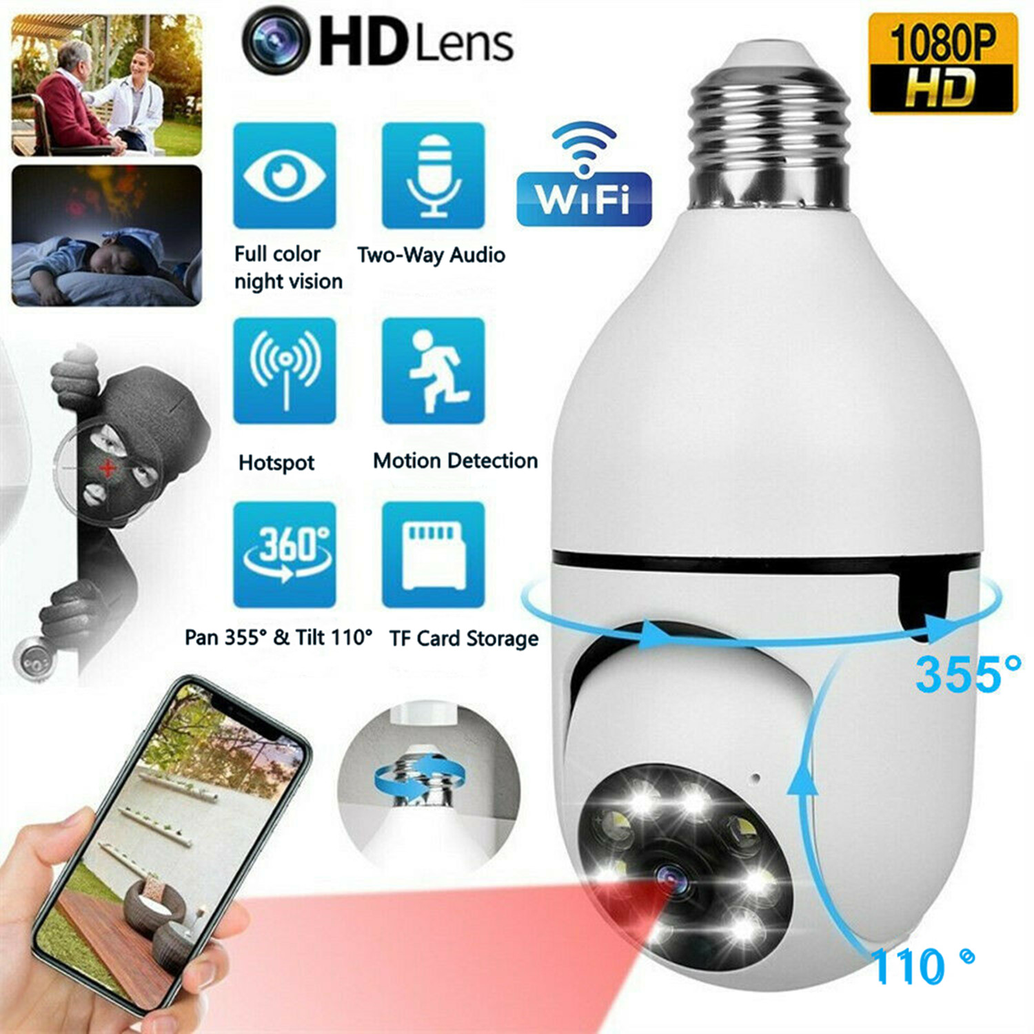 360 Degree E27 Light Bulb Camera, Wi-Fi Wireless Outdoor Light Bulb Camera, 1080P Indoor Light Socket Camera for Home Security with Night Vision Motion Detection