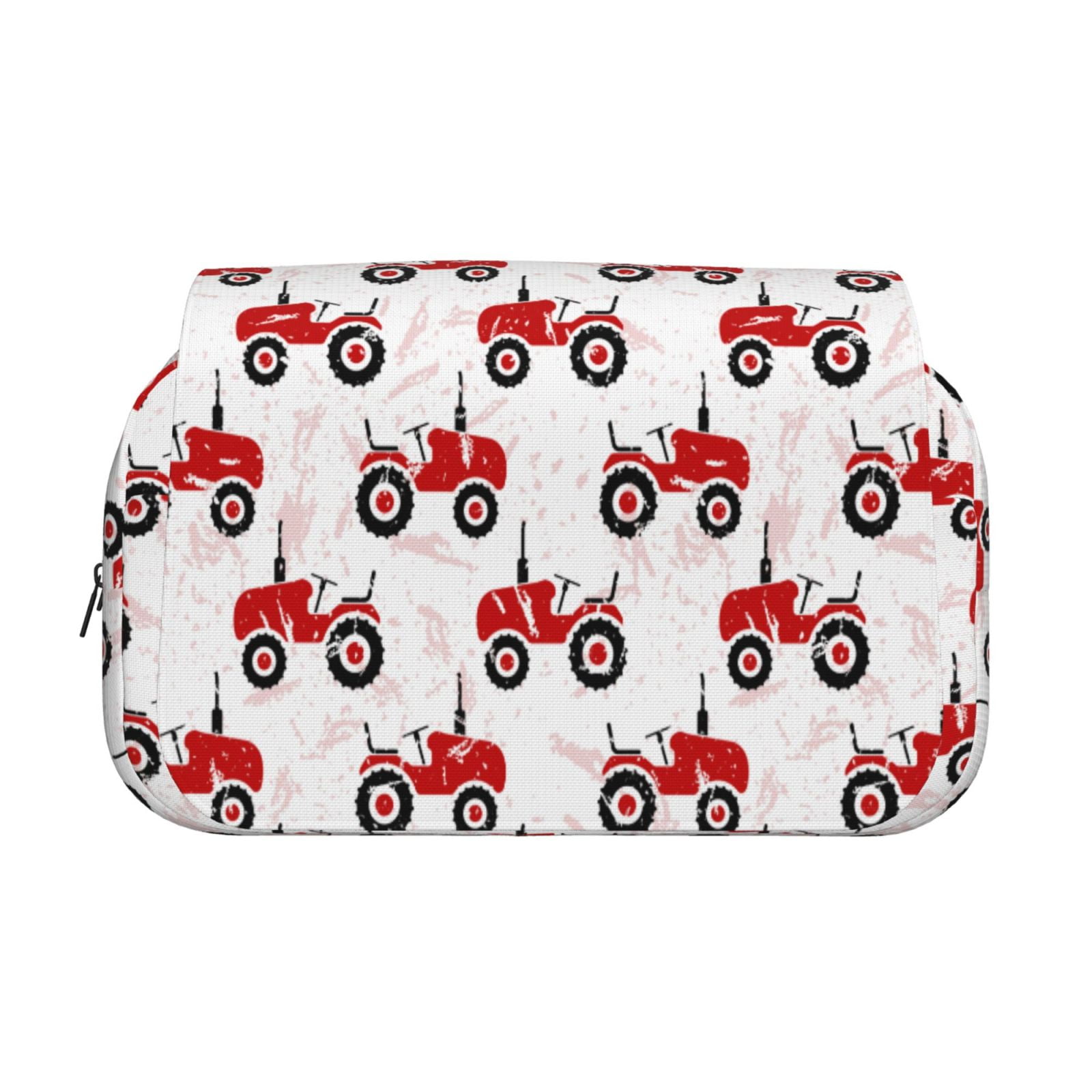 Rateoe Red Wheeled Tractors Pattern Double Clamshell Pen Case, Storage Organizer with Two Zipper Compartments– Holds Up to 50 Pencils & Pens