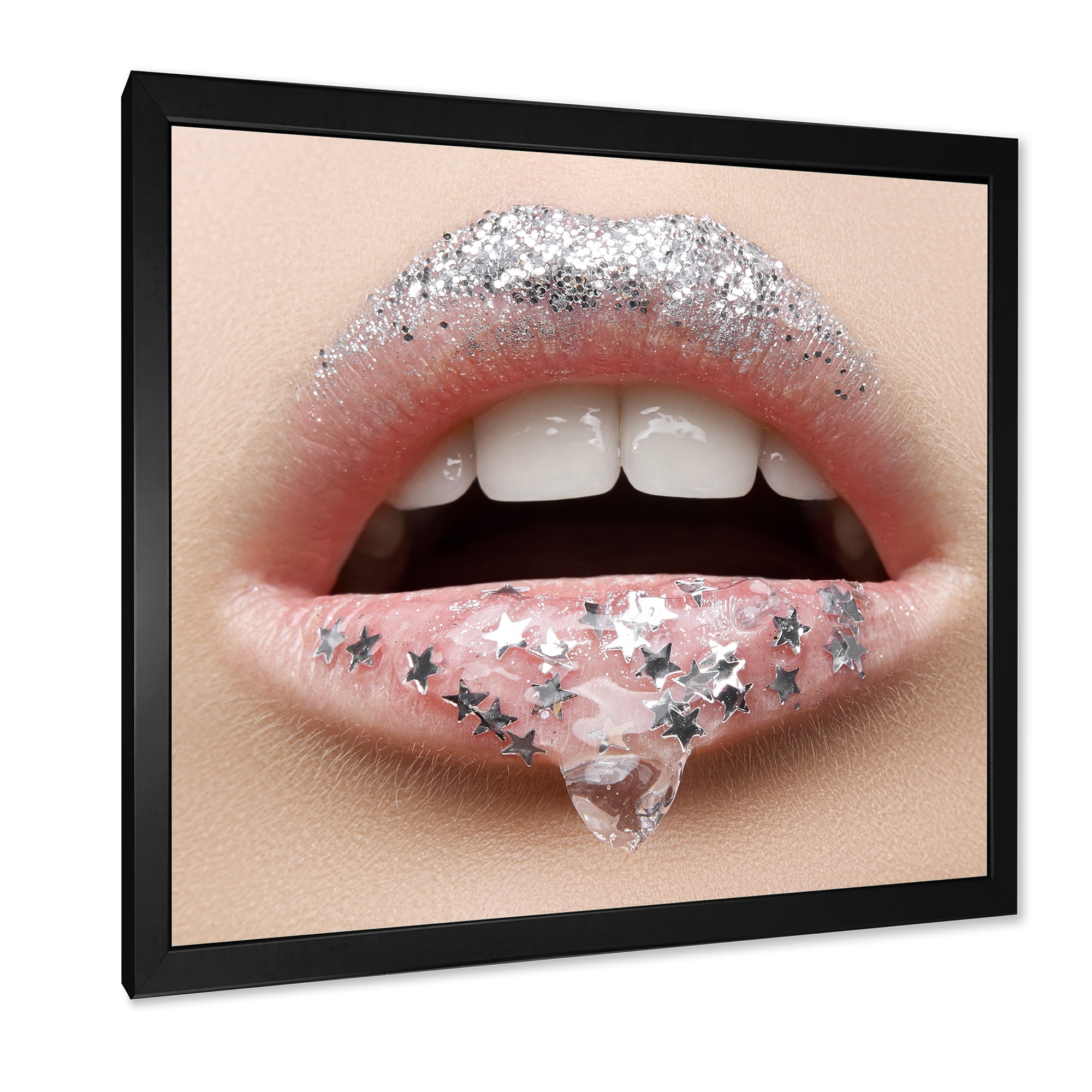 Designart 'Woman Lips With A Gel On The Lips & Stars' Modern Framed Art Print
