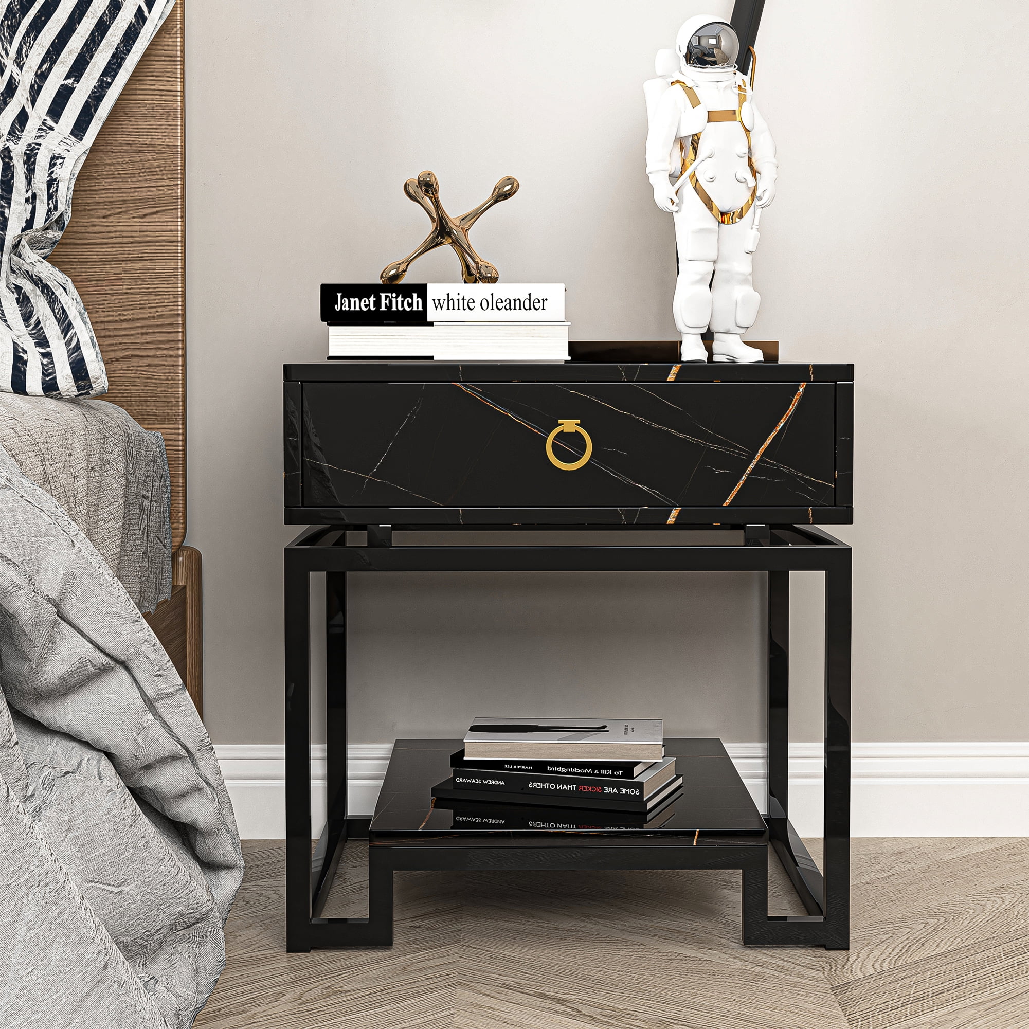 Resenkos Black Marble Nightstand for Bedroom with Golden Handle, Modern Drawers and Shelf Bedside Table Resenkos Black Marble Nightstand for Bedroom with Golden Handle, Modern Drawers and Shelf Bedside Table