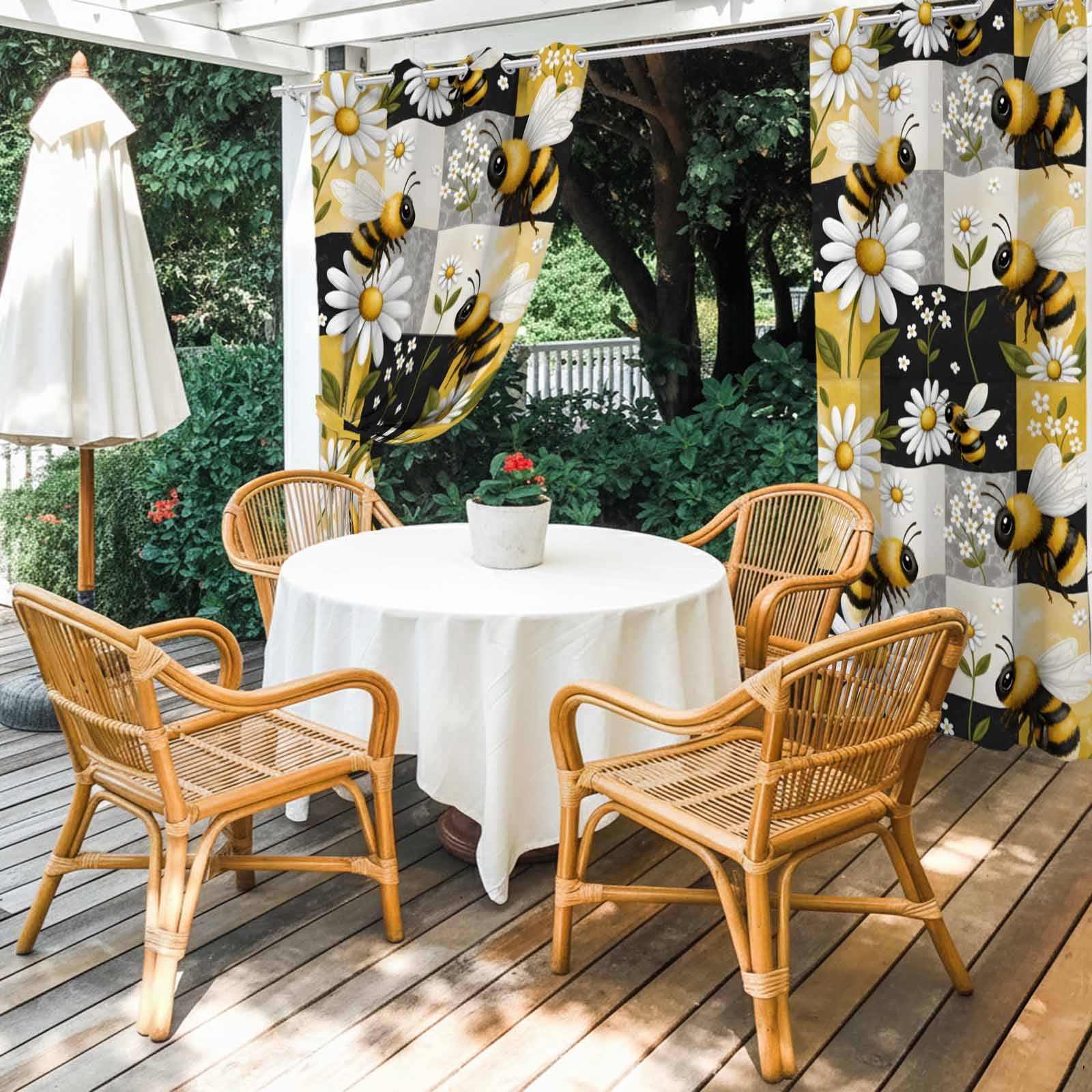 Bees Daisy Outdoor Curtains for Patio, Rustic Countryside Summer Grid Patchwork Sunshade Privacy Drapes Grommet Waterproof Outside Curtains for Porch/Cabana/Balcony 54"x 108", 1 Panel