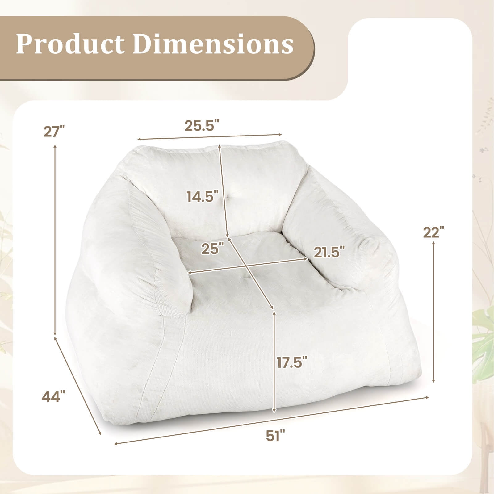 Costway Bean Bag Chair for Adults Plush Lazy Sofa with Ultra-soft Velvet Cover Beige