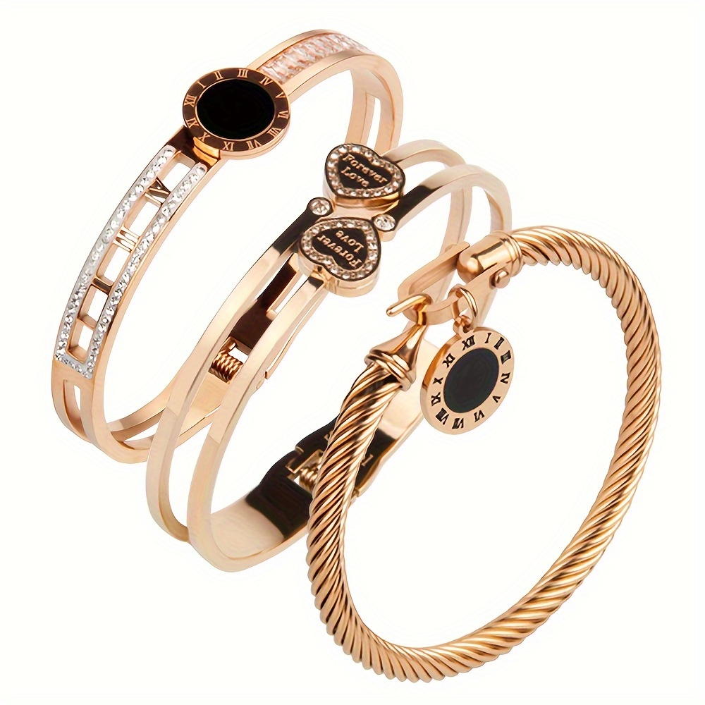 3pcs combination Women's western style stainless steel bracelet with Roman numeral design gold-plated 18K gold heart-shaped rhinestone combination bracelet, gift giving party decoration bracelet