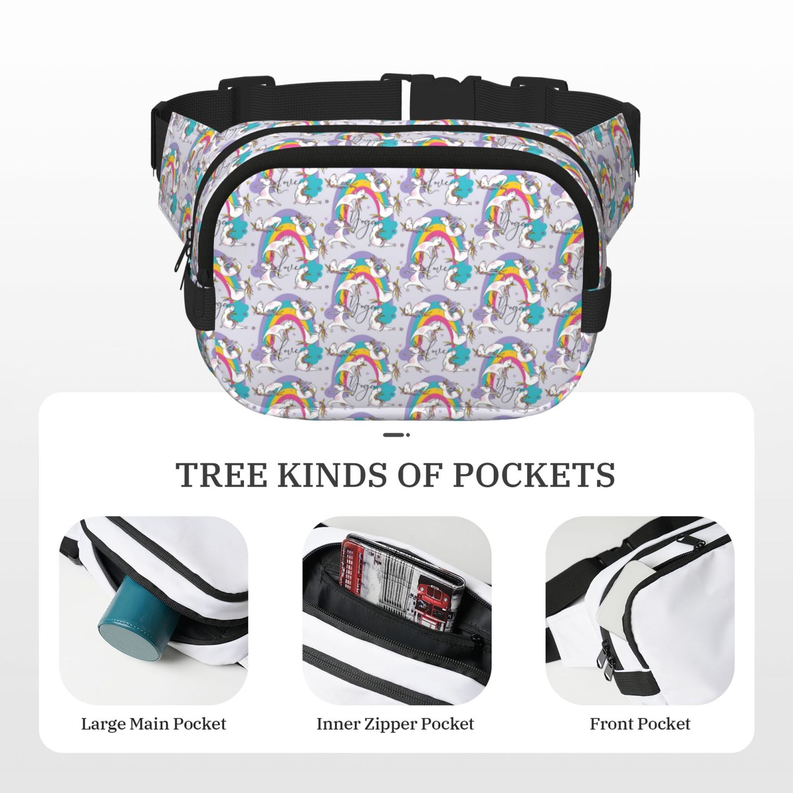 Picia Unicorn DoingYoga Print Square Double-Layer Waist Bag Mini Adjustable Waist Belt Bag Exercise Running Travel Hiking