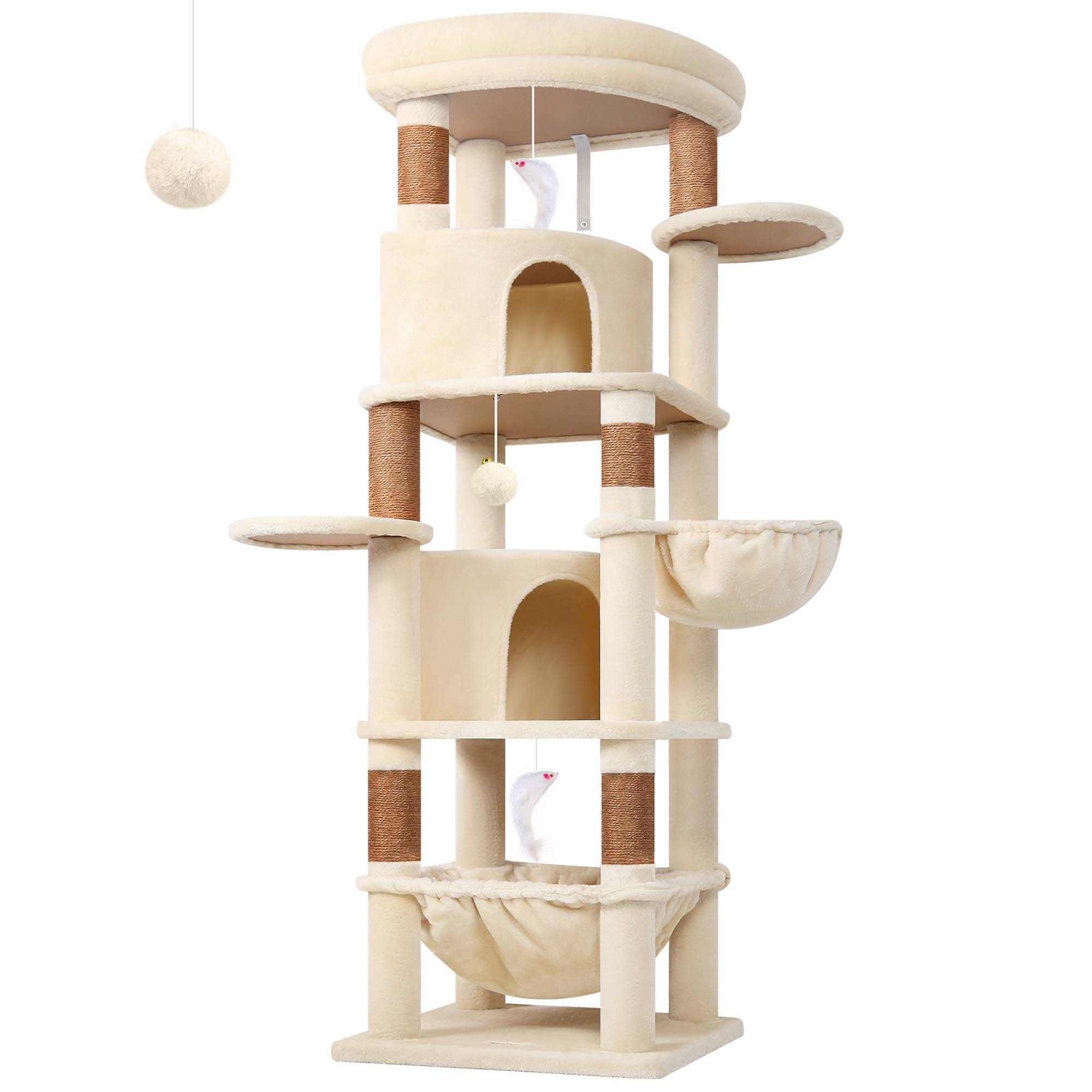 Globlazer 68" Large Corner Cat Tree Tower Condo for Cats with 6 Sisal Scratching Posts, 2 Condos, Hammock & Hanging Basket, Beige