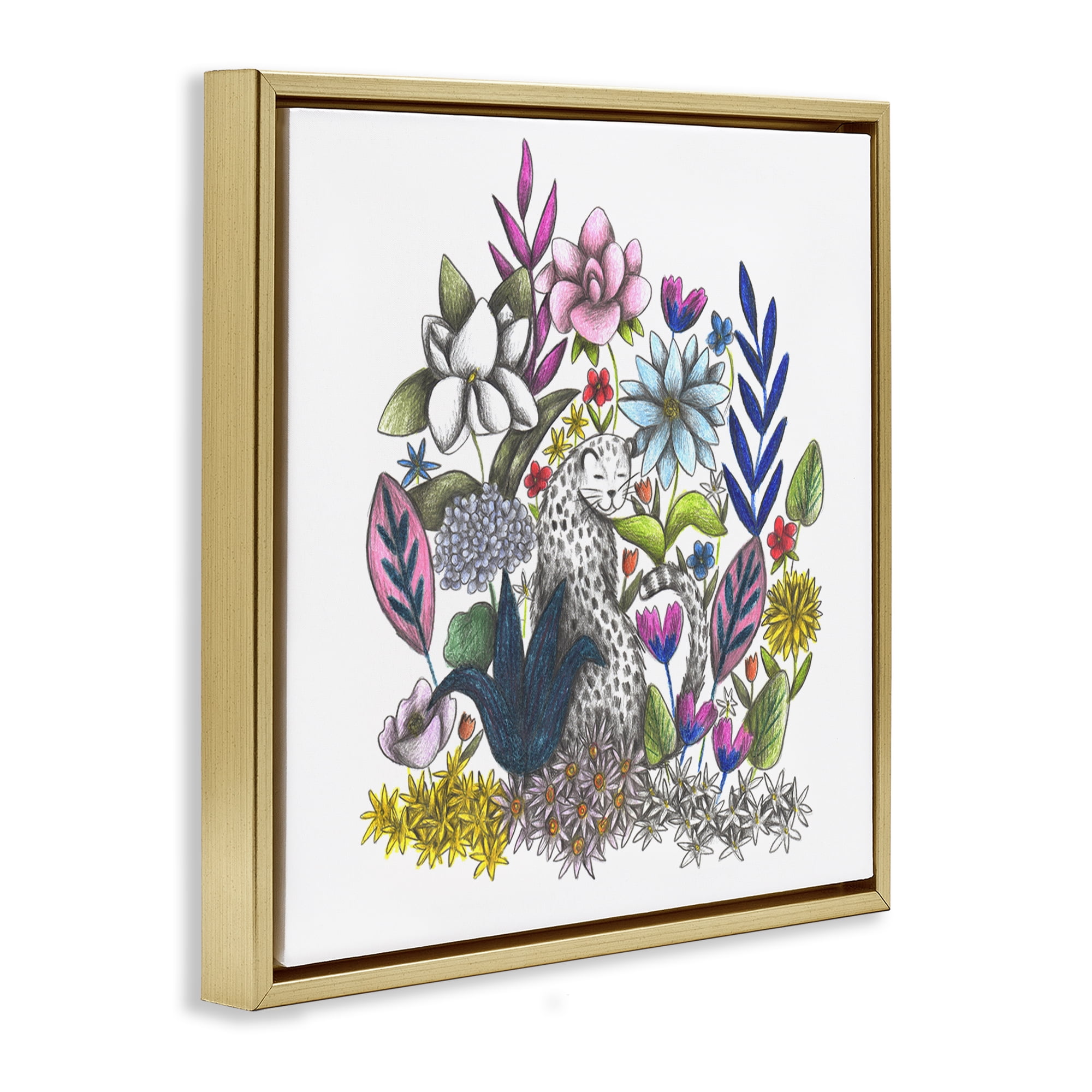 Leopard in Midst of Flowers Gold Framed Floater Canvas Wall Art, design by Cecilia Battaini