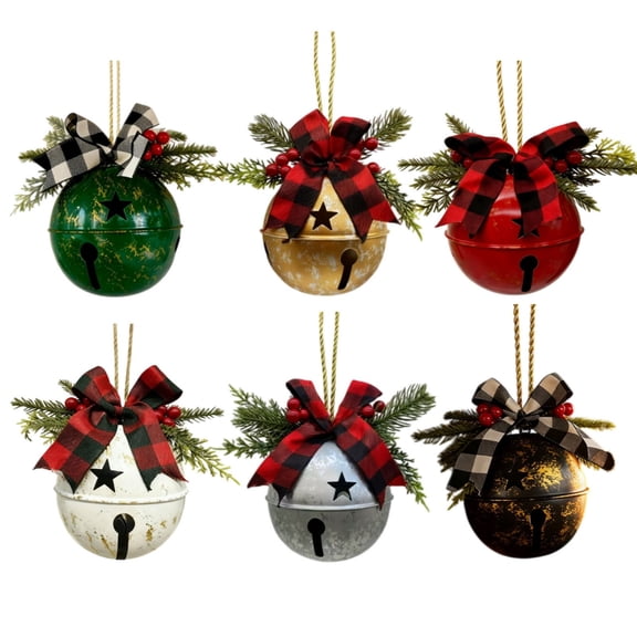 PSVFUJZ Christmas Bells Ornament, Metal Hanging Bell with Buffalo Plaid Bow, Indoor Outdoor Holiday Decor for Front Door Porch Wall Window Tree Christmas Decoration Pendant(Gold)