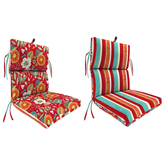 Jordan Manufacturing 44" x 22" Frawley Saxony Multicolor Stripe and Avianna Saxony Red Floral Reversible Rectangular Outdoor Chair Cushion with Ties and Hanger Loop