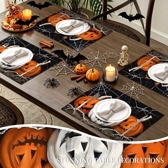 MIZHONA Halloween Placemats Set of 4,Fall Pumpkins Linen Table Mats for Table Decorations 12x18 in