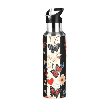 

ALAZA Butterfly Flower Hearts Water Bottle Insulated Flask Stainless Steel Straw Lid 20 oz