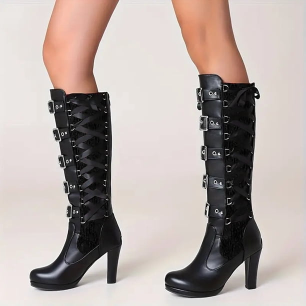 womens tall dress boots Rokment Knee High Riding Combat for Women Gothic Lace Leather Platform Stiletto High Heels Boots Black, Women's, Size: 6.5 high boots feature a tall block heel Nine West Women's Nomas Pointed