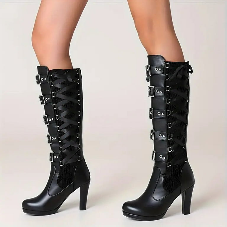 Dakaela Women's Victorian Knee-High Boots Lace up Buckle Dakaela Women's Victorian Knee-High Boots Lace up Buckle