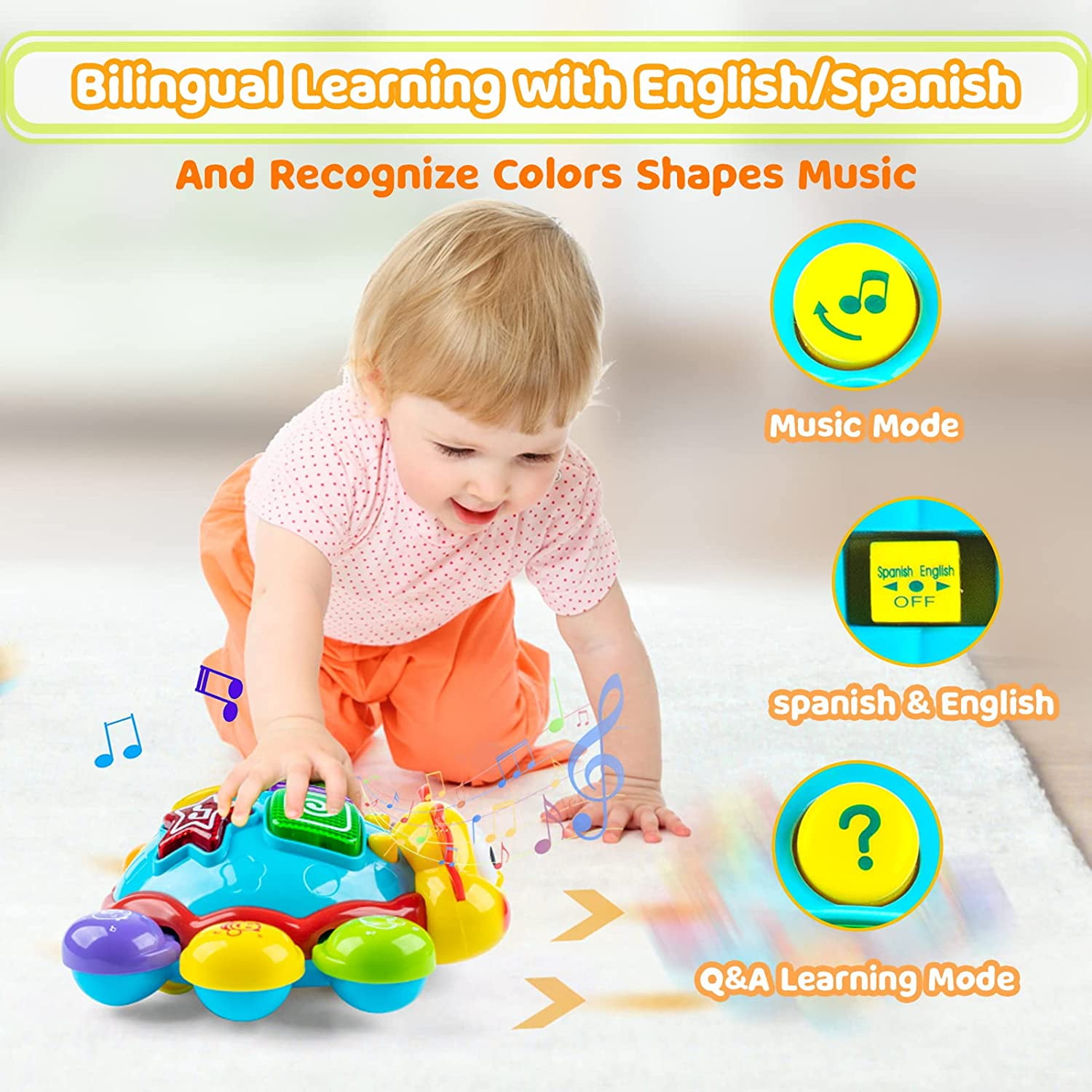 Vanmor Baby Toys 12 to 18 Months Einstein Musical Toy, Infant Crawling Walking Toy for 12-24 Months, Bilingual Toys Spanish English Learning Educational Montessori Toys for 1 Year Old Girl Boy