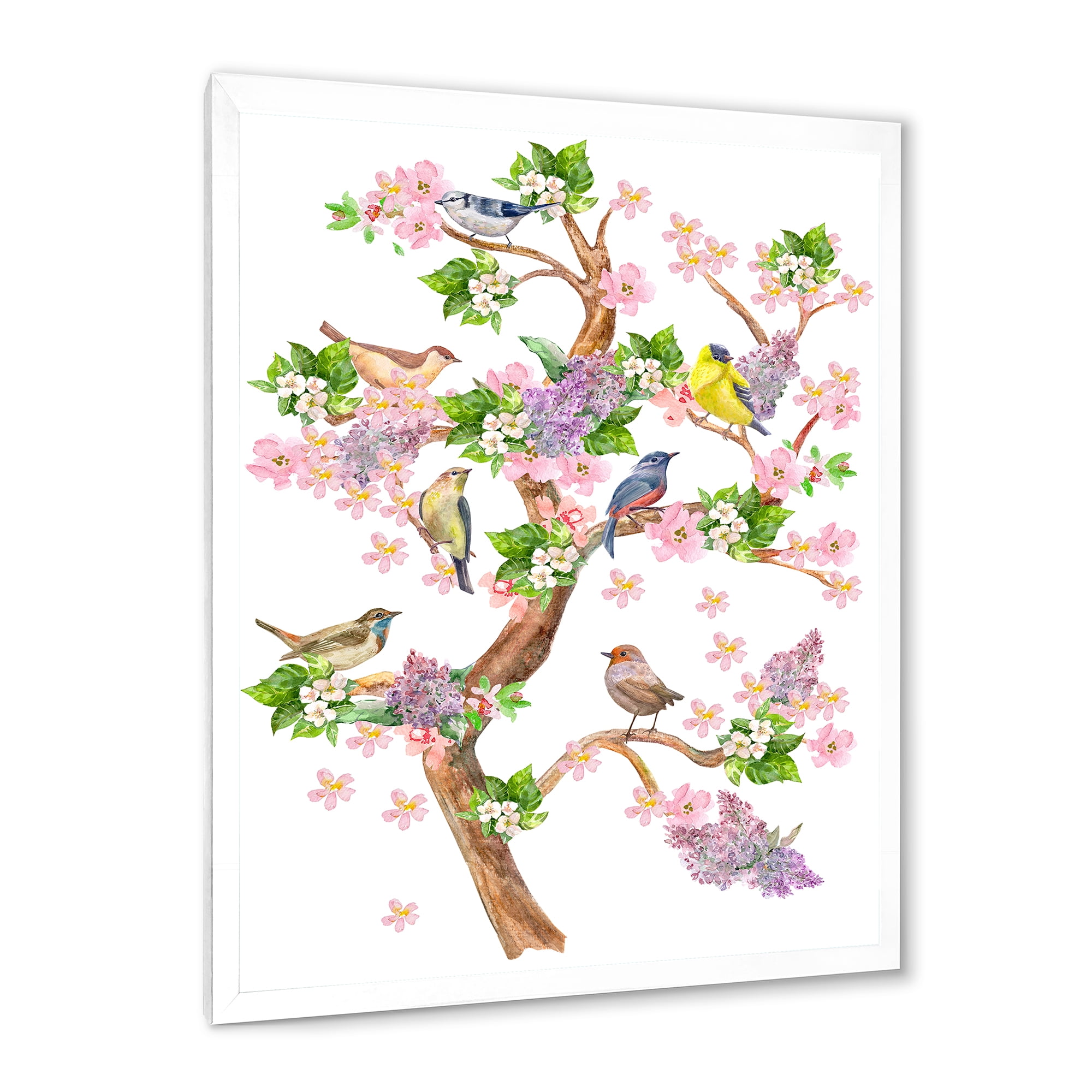 Tree With Colorful Birds Sitting On Flowering Branches 12 in x 20 in Framed Painting Canvas Art Print, by Designart