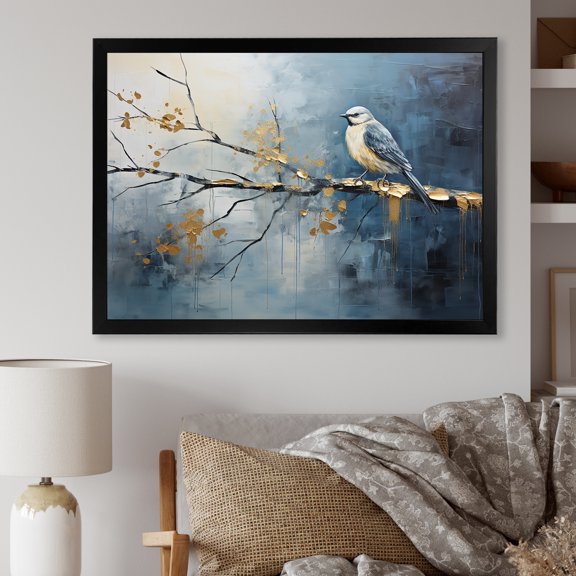 Designart "Springtime Bloom of Gold and Blue Bird II" Animals Framed Wall Art Decor - Traditional Gold Bird Tree Entryway Framed Wall Art Print