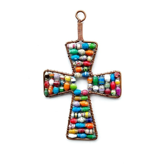 Cross Ornament Small Maasai Paper Bead - Multicolor Recycled Handmade Fair Trade in Africa