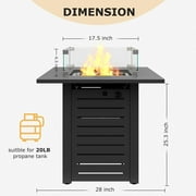 JXXM 28 Fire Pit Table, 50,000 BTU Steel Gas Firepit with Lid and Glass Wind Guard, Black