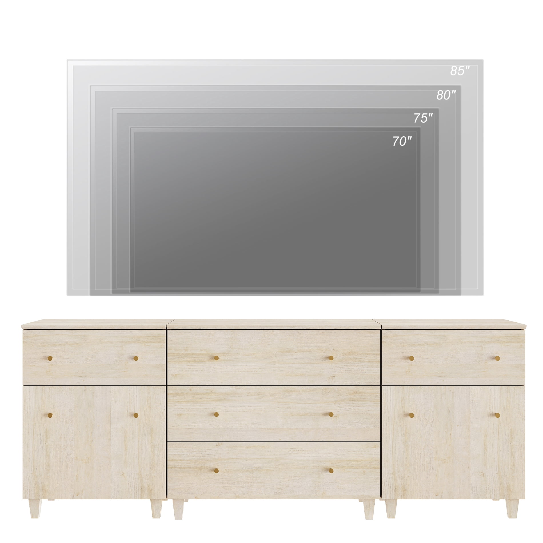 WAMPAT Wide TV Stand for 85+ Inches TVs, 3-in-1 Modern Wooden Media Console with 5 Spacious Drawers and 2 Storage Cabinets for Living Room, Light Oak