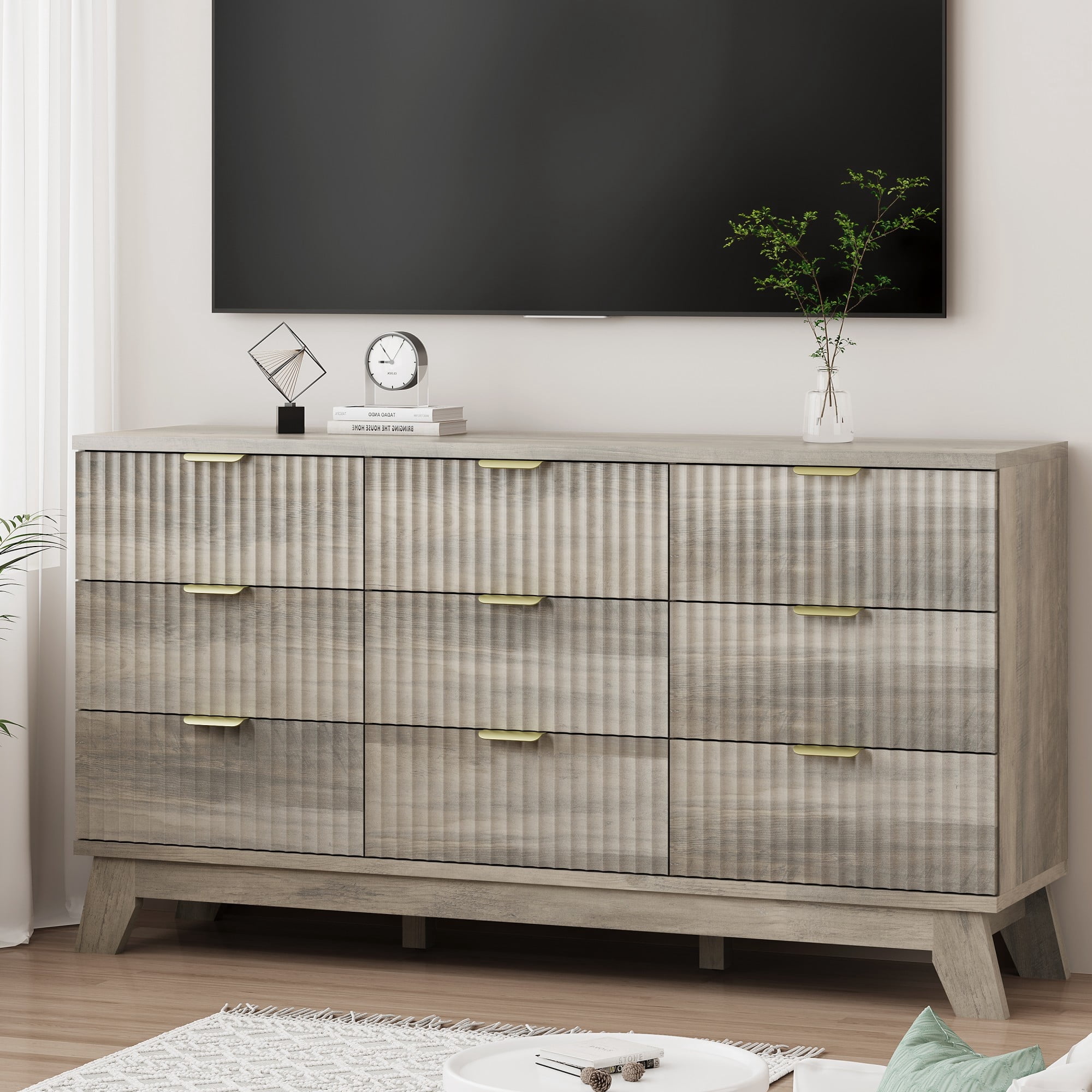 FANRAL 9 Drawers Dresser Fluted Dresser for Bedroom,Wooden Chest of Drawers Modern Dresser for Closet,Gray Dresser