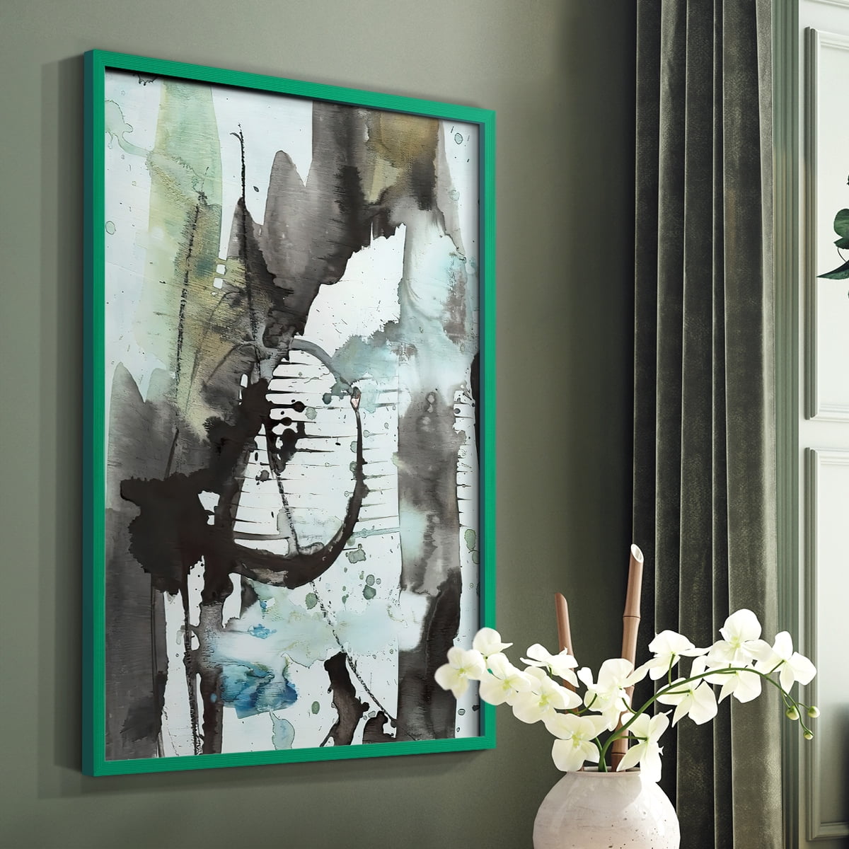 Lyrical Abstract II Framed Print in Green Solid Wood Framed Print No Nail Hanging