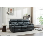 3-Seat Genuine Leather Non-Power Reclining Sofa with Drop Down Table, Stainless Steel Cupholders and Magazine Bag (Blue)