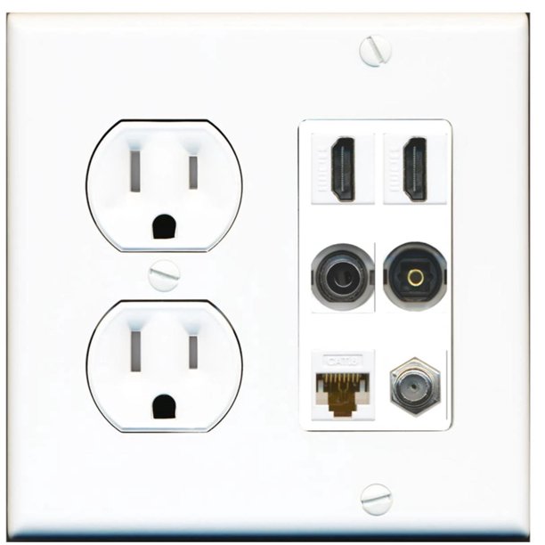 2 Port HDMI Coax Cat6 3.5mm Toslink Wall Plate w/Tamper Resistant Power Outlet
