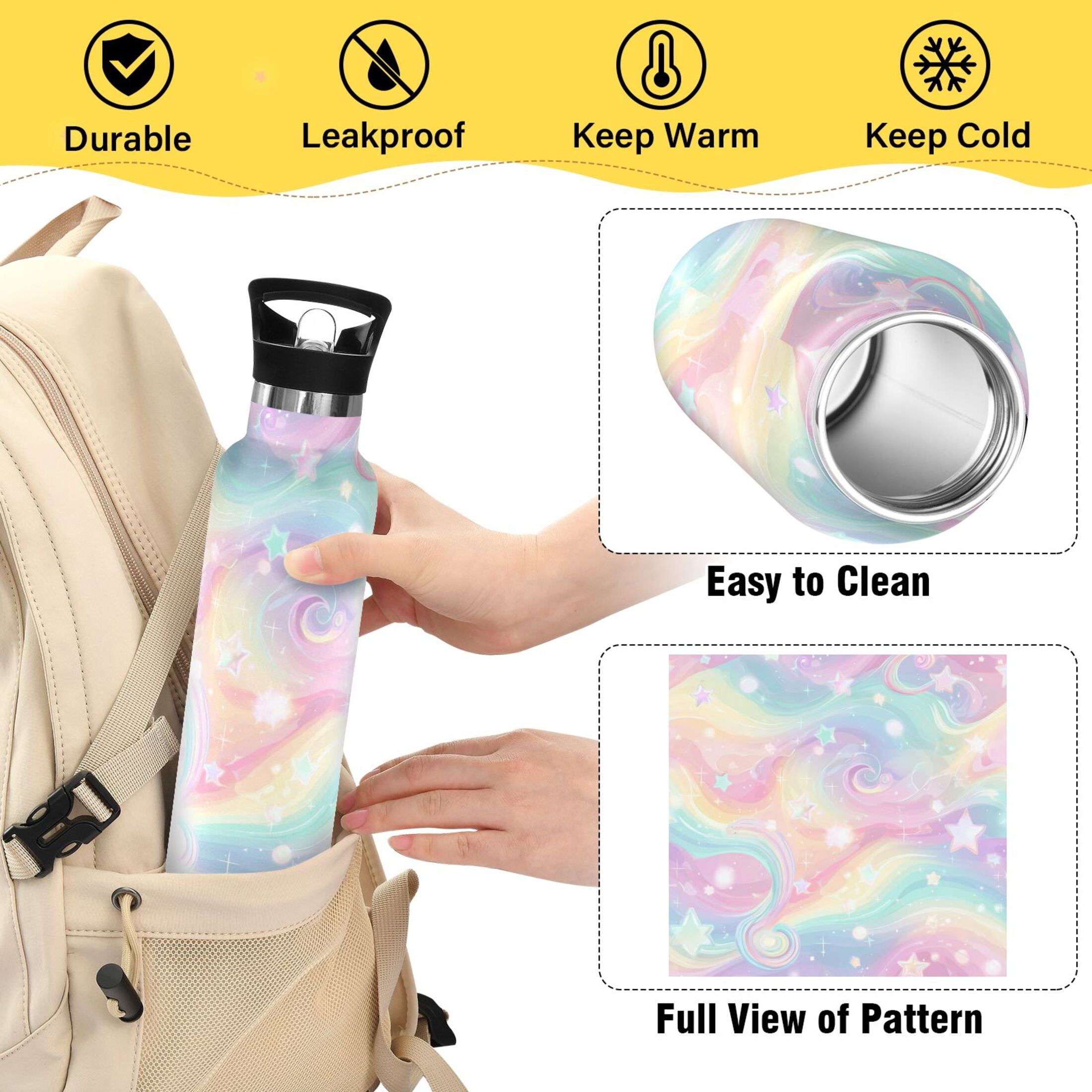 Kids Insulated Stainless Steel Sports Water Bottle 600ml Cute Pastel Rainbow Background