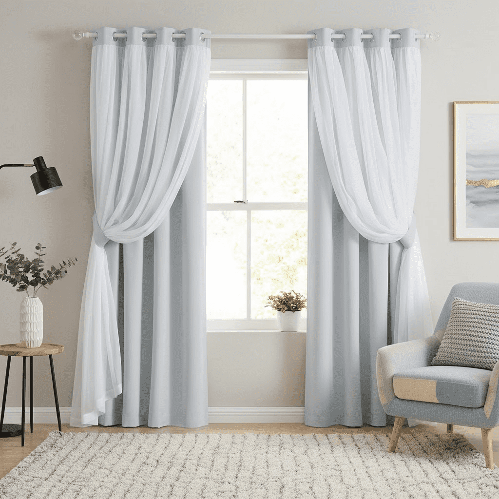 NICETOWN Blackout Double Layer White Curtains with Sheer for Bedroom Pravicy Grommet Solid Room Darkening Drapes, W52 x L84, Set of 2, Greyish White