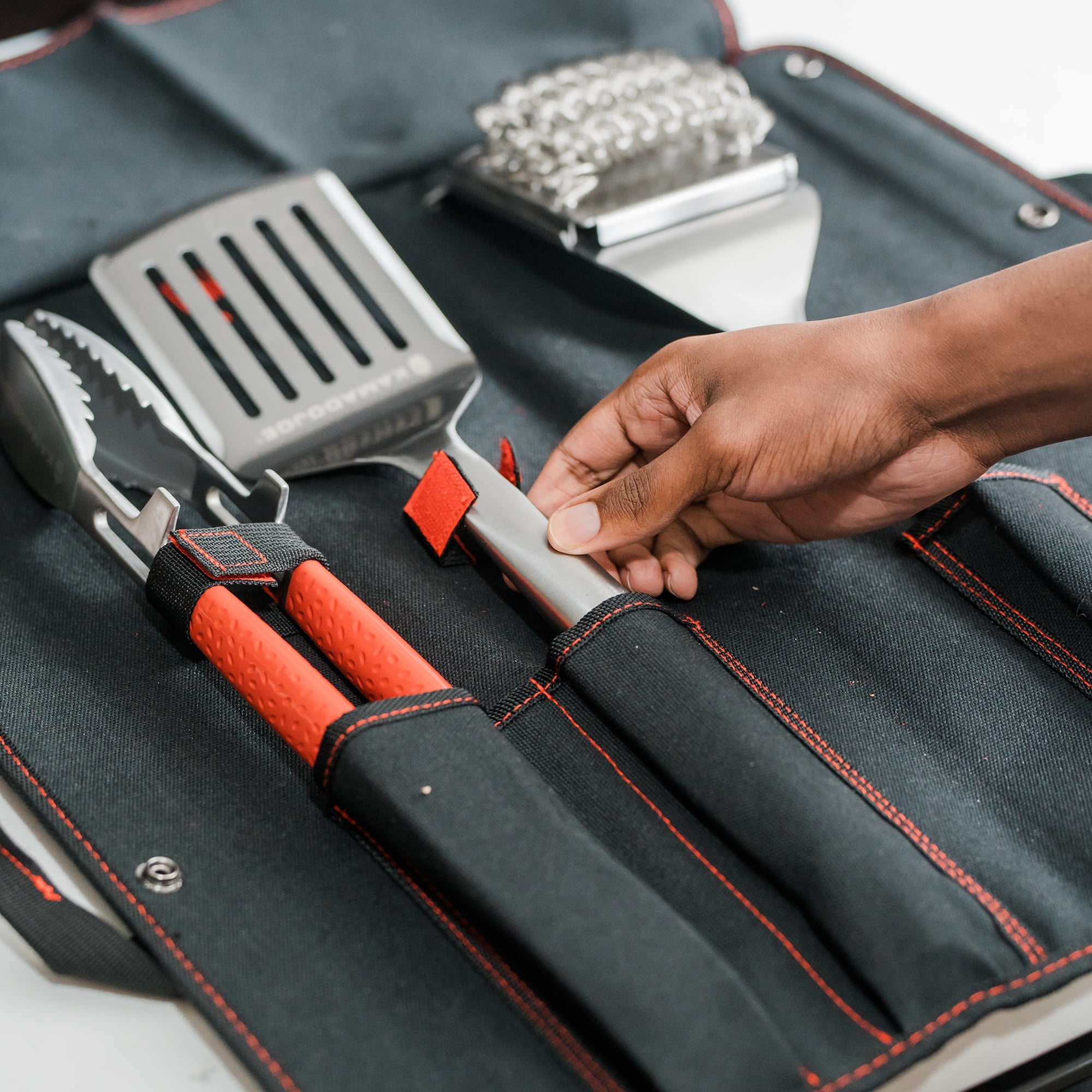 Kamado Joe Krafted™ Steel 3-Piece Grilling Tools with Case | Kamado Grill Accessories: Cleaning Brush, Tongs, Spatula