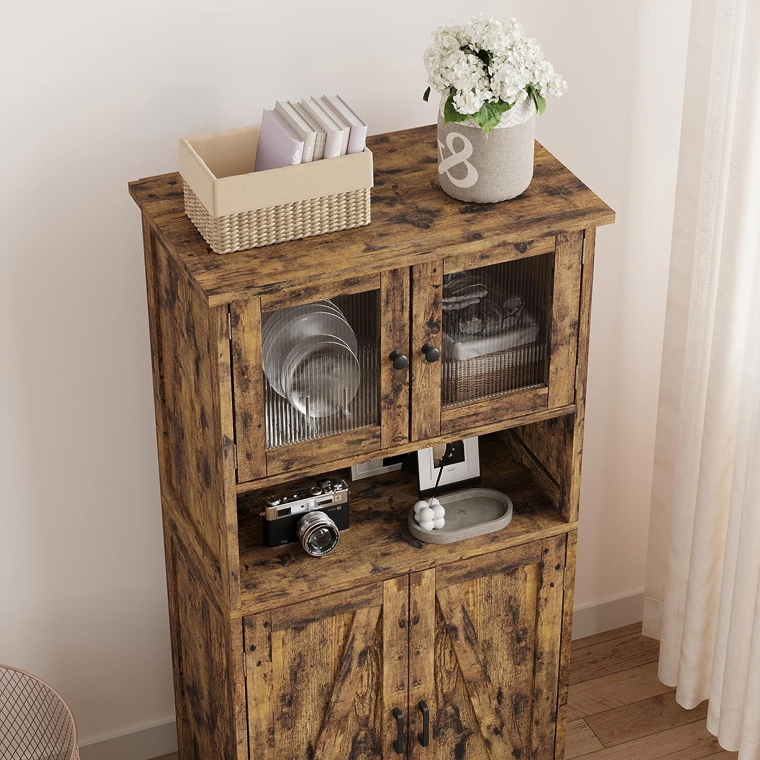 HOSSLLY Bathroom Storage Cabinet, Freestanding Bathroom Cabinet with Open Storage, Kitchen Pantry Cabinet with Doors for Living Room, Bathroom Floor Cabinet, Brown