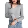 thumbnail image 6 of HAPIMO Women's Stretch Knit Tops Slim Fit Cropped Shirts Lightweight Casual Workout Blouses Long Sleeve V Neck Pullover Tops Gray Free Size, 6 of 7