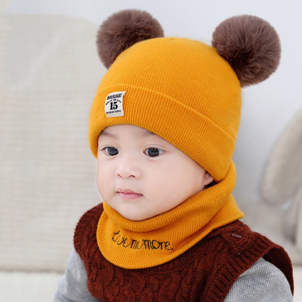 Children Soft Beanie Hat with Leopard Pattern and Fur Pom Toddler Winter Warm Cable Knit Hat for 6M-6Y Kids 