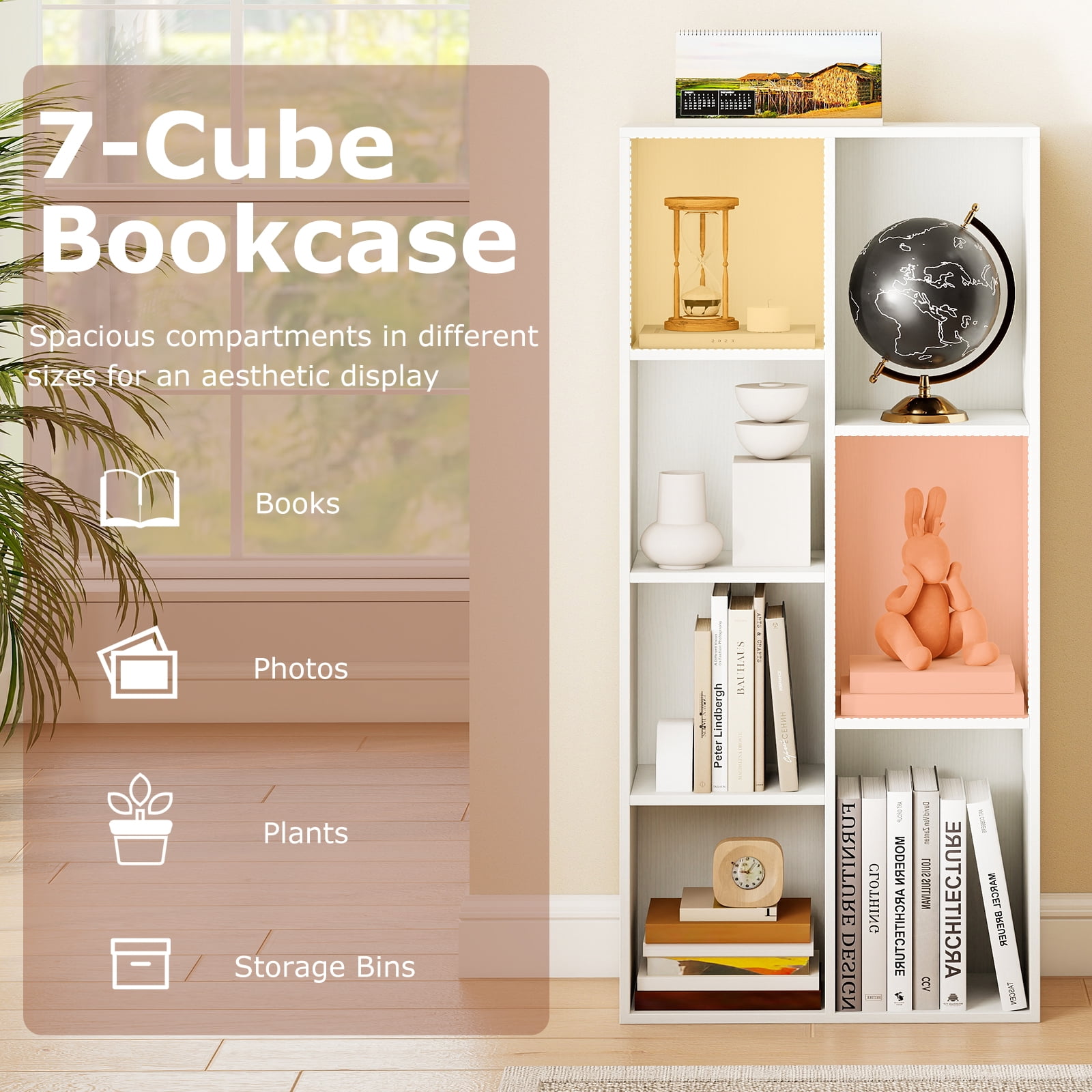 Gymax 7-Cube Bookcase Vertical or Horizontal Freestanding Bookshelf w/7 Compartments