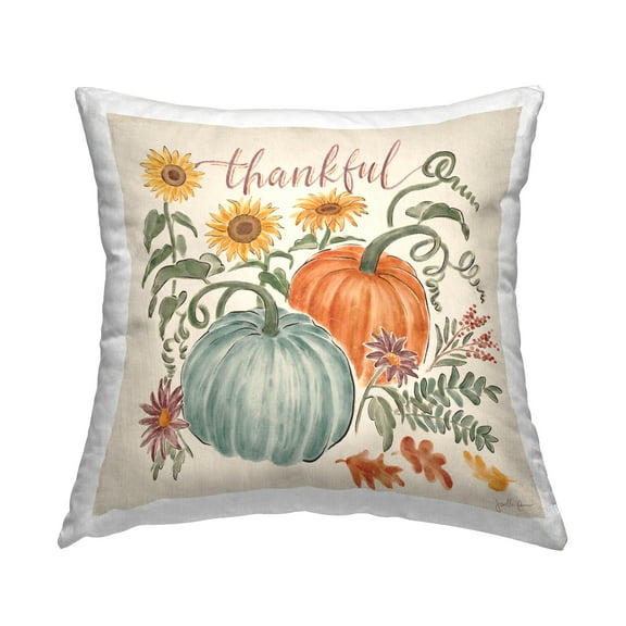 Stupell Industries Thankful Calligraphy Festive Pumpkins Botanical Flowers Design by Janelle Penner Throw Pillow