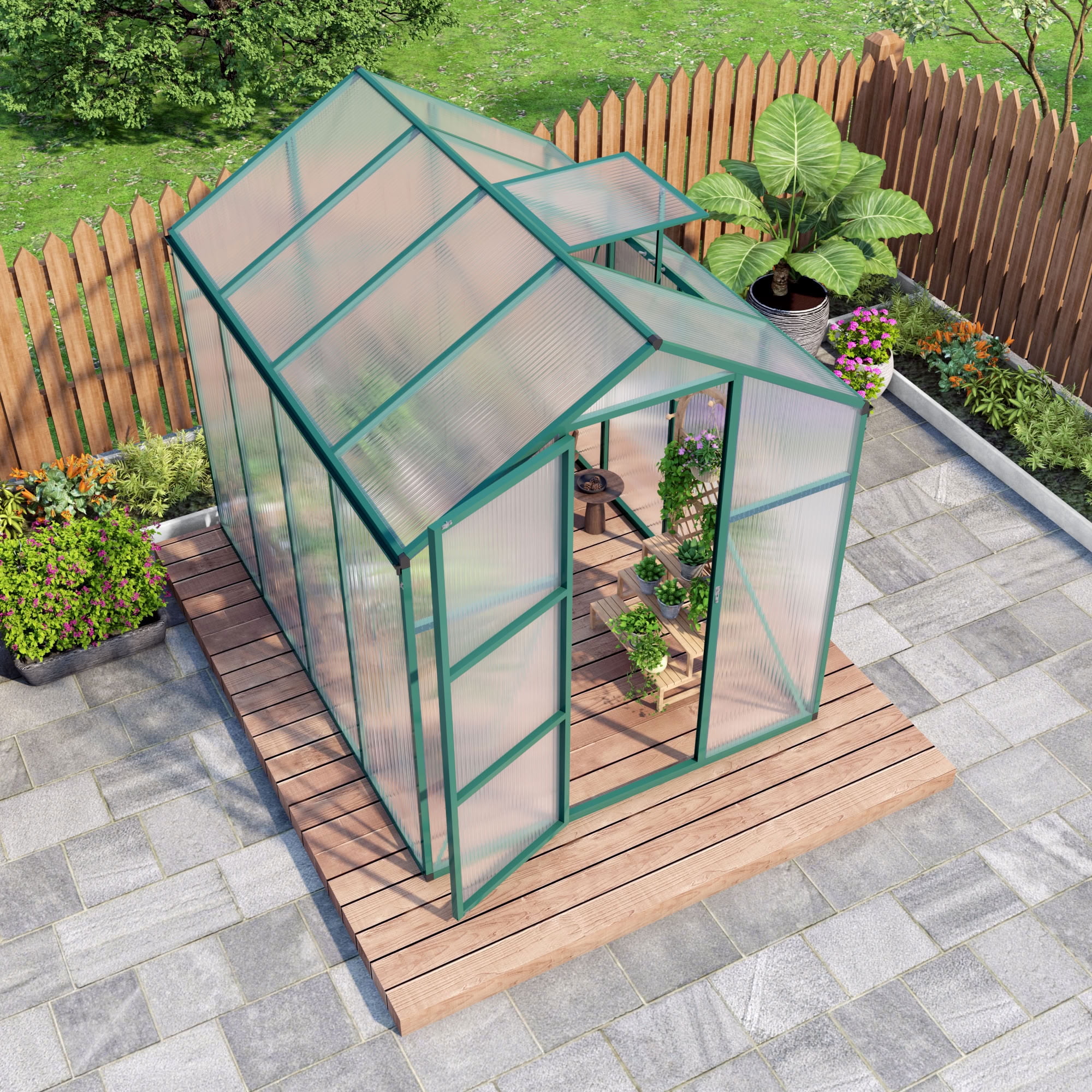 MAYEERTY 6x8 FT Walk-in Greenhouse with Raised Base, Aluminum Frame & Polycarbonate Panels, All-Season Outdoor Greenhouse