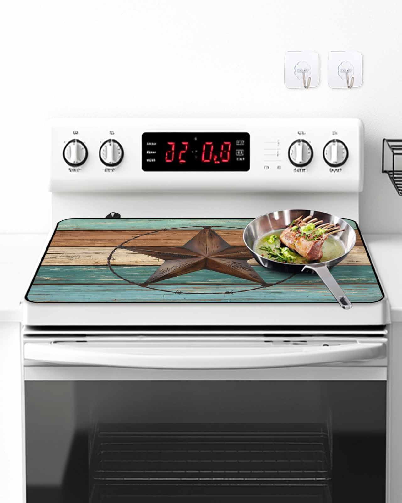 Stove Top Covers for Electric Stove, Teal Brown Glass Stovetop Cover Protector, Country Texas Star Farmhouse Barn Door Wood Induction Cooktop Protector Oven Mat for Kitchen Countertop 24"x21"