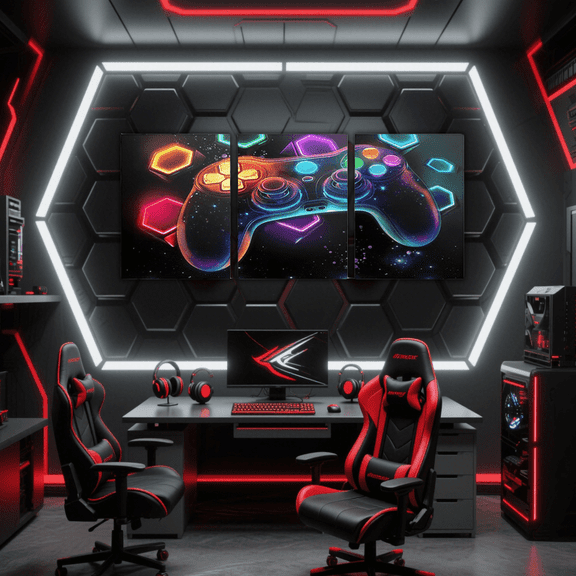 Erosebridal Young Men Gaming Canvas Wall Art Set of 3, Cool Gamepad Framed Wall Art for Living Room, Video Game Gamer Wall Decor for Kitchen, Luxury Bedroom Decoration