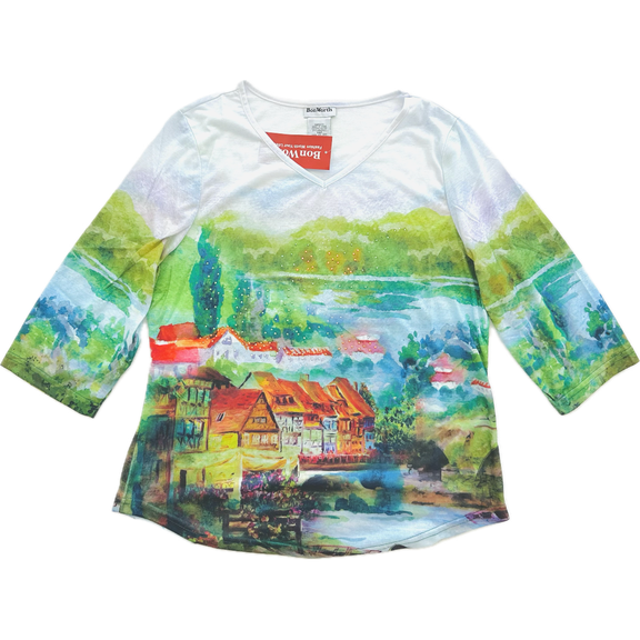 Women's Vibrant Landscape Village Blouse Top 3/4 Sleeve Jeweled Applique, SIZE: XL-PETITE