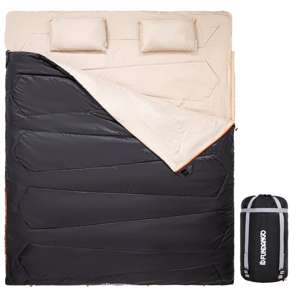 FUNDANGO 2 Person Sleeping Bag for Adults Black Double Camping Sleeping Bags 220*150cm, Queen Size Two Person Sleeping Bags with Compression Sack 39.2°F-62.6°F, 6.1lbs, Black