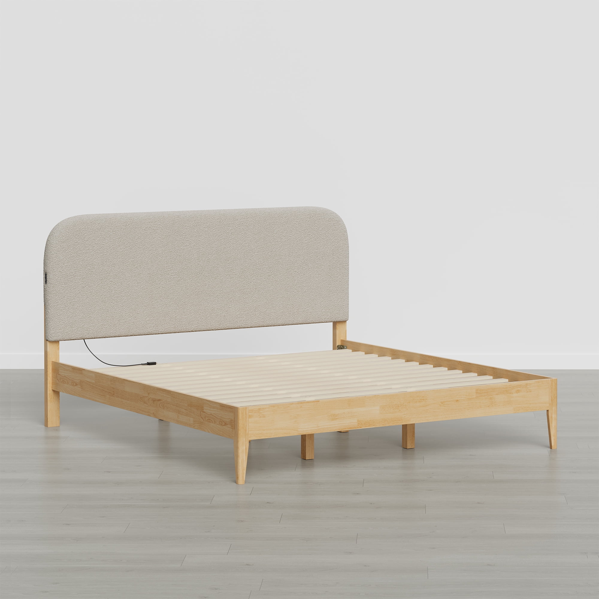 Spruce & Spring Modern King Bed Frame with Bouclé Headboard and Charging Ports, Oatmeal