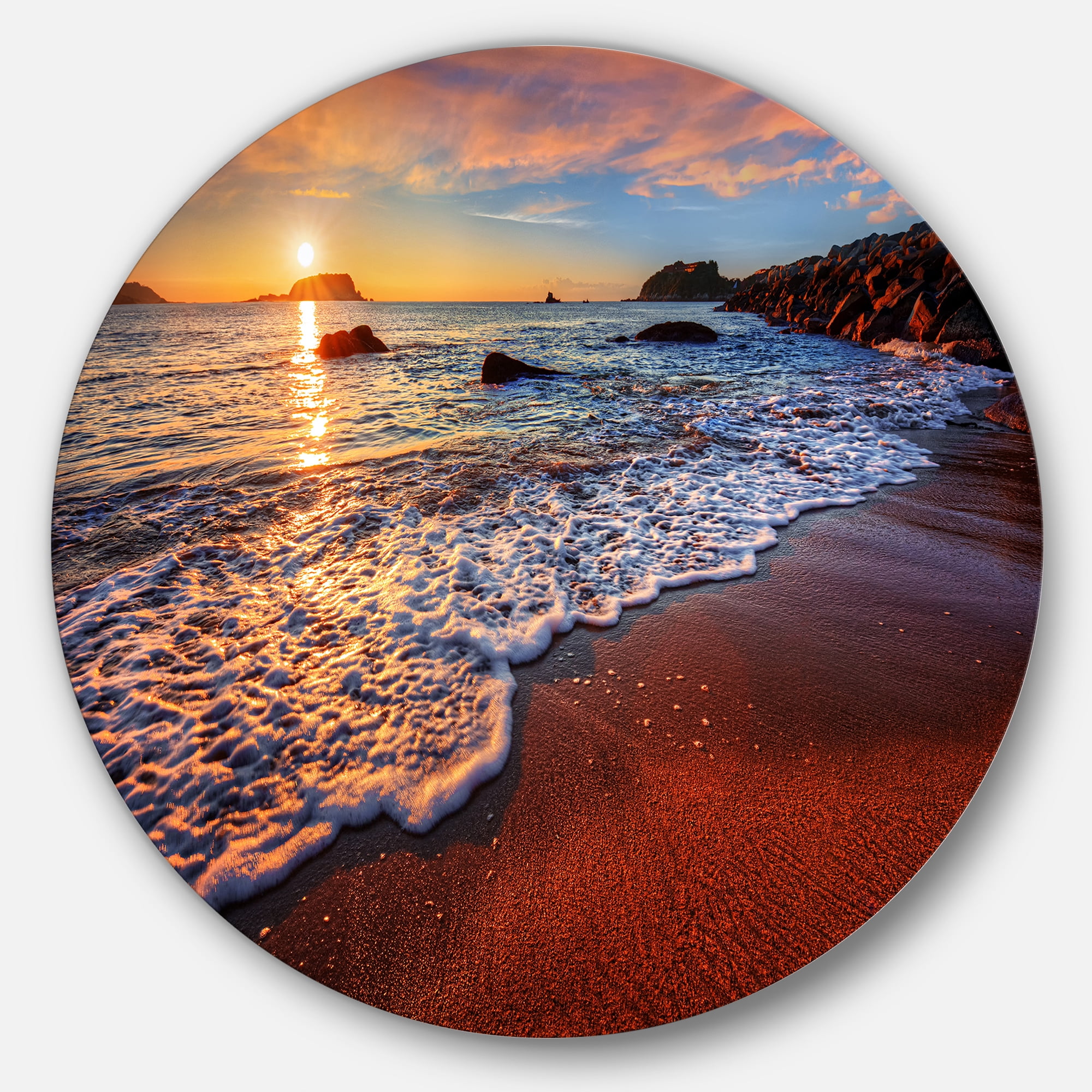Designart Stunning Ocean Beach at Sunset' Seashore Metal Circle Wall