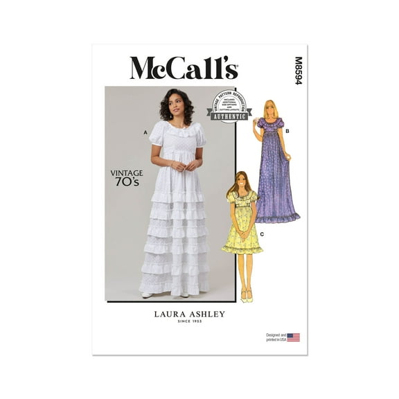McCall's Sewing Pattern 8594 - 1970s Misses' Dress by Laura Ashley, Size: U5 (16-18-20-22-24)