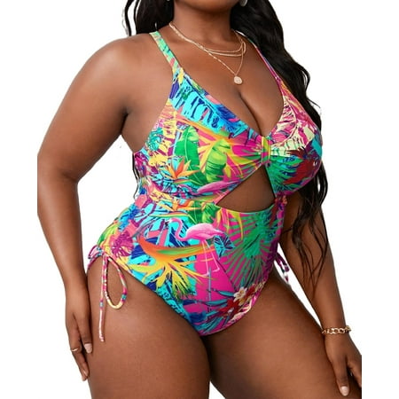 

Boho Tropical V neck Women s Plus Size One-Pieces