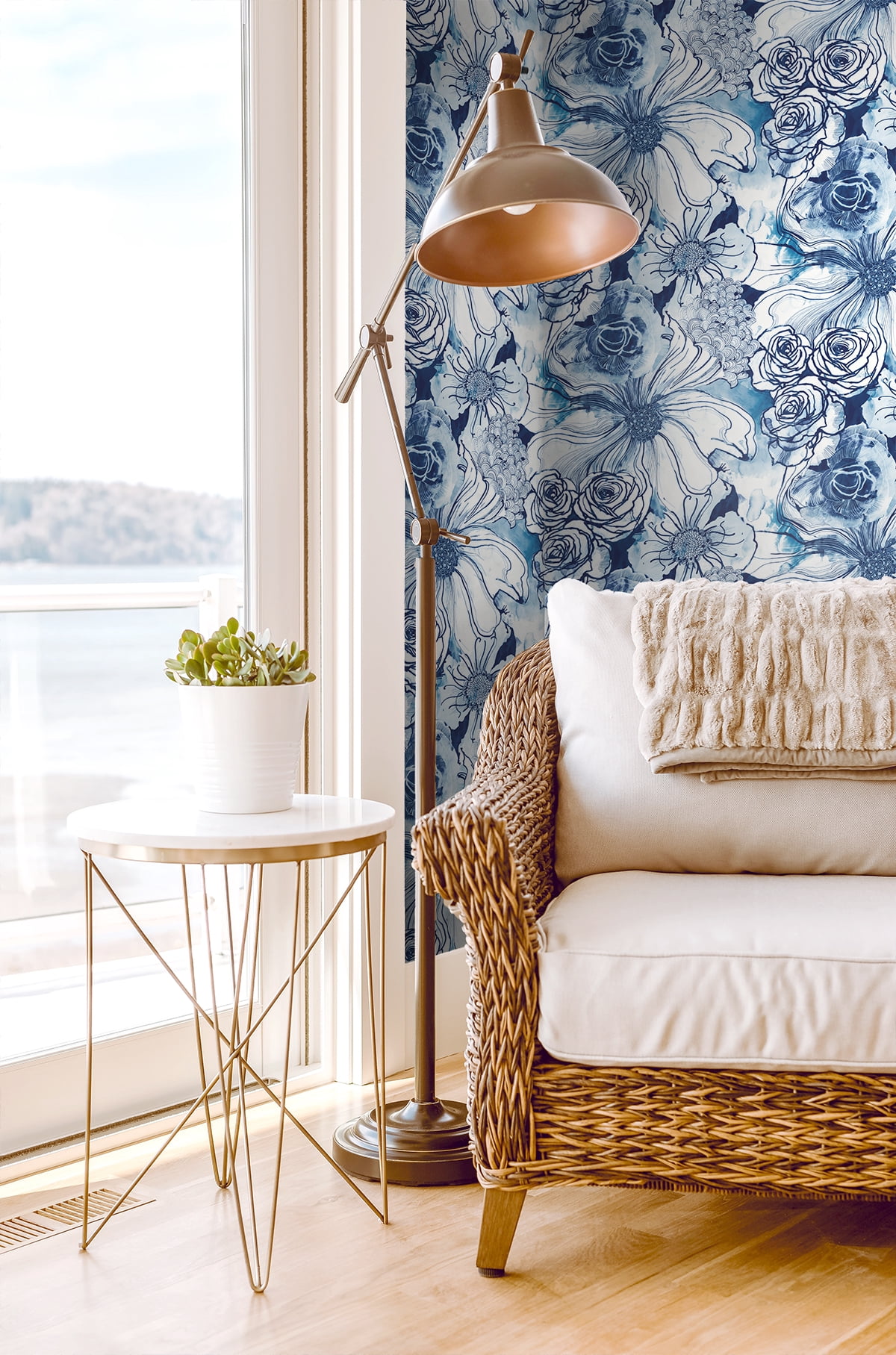 NextWall Harry & Grace Ink Rose Peel and Stick Wallpaper 20.5 in. W x 18 ft. L - Celtic Blue