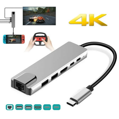 USB C Hub, EEEkit 6-in-1 Type C Hub with Ethernet, 4K USB C to HDMI, 2 USB3.0, 2 USB-C PD Port, for Nintendo Switch & Switch Lite, MacBook Pro, iMac and Other USB-C