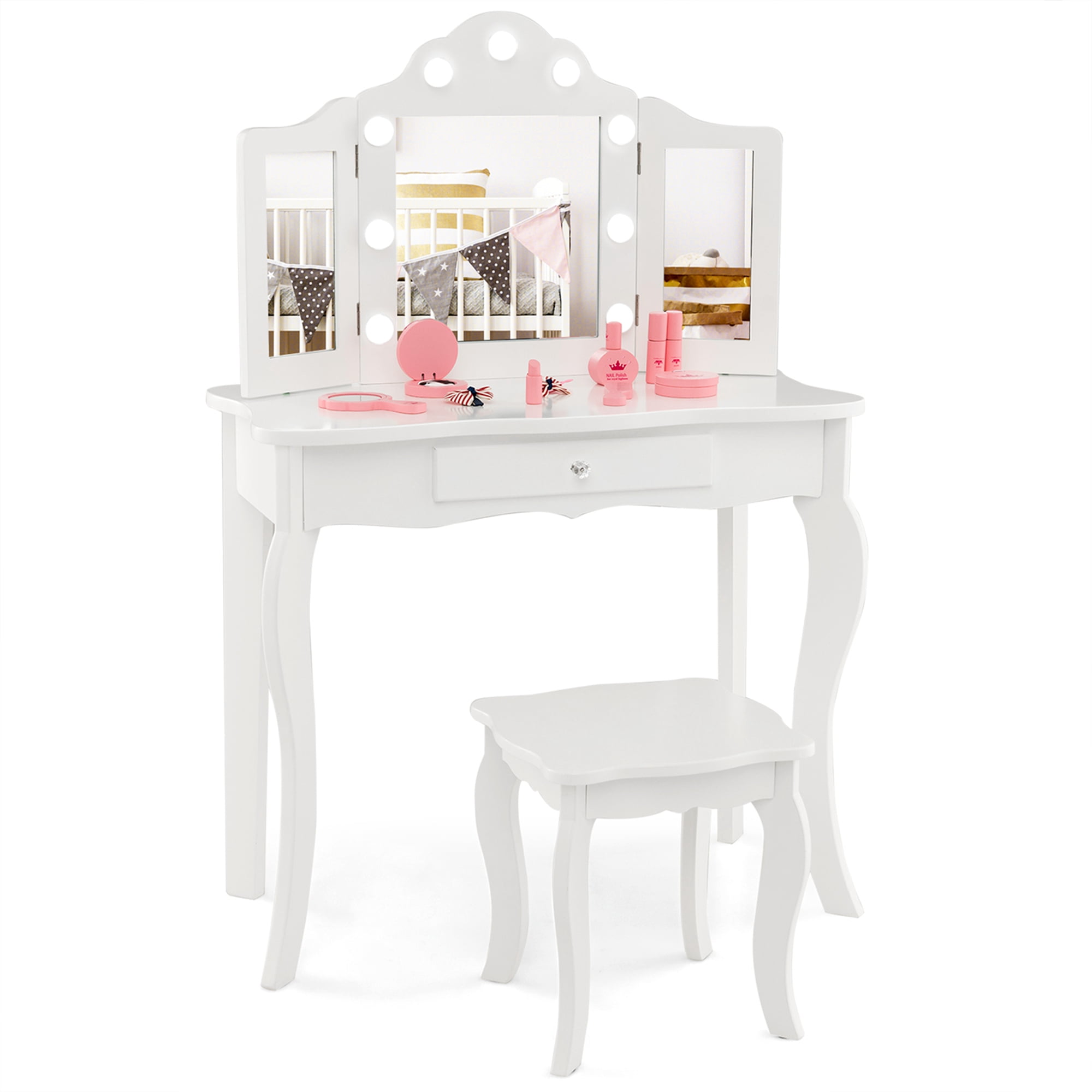 Costway Kid Vanity Table Stool Set Tri-Folding Mirror Adjustable 3-Color LED Light White