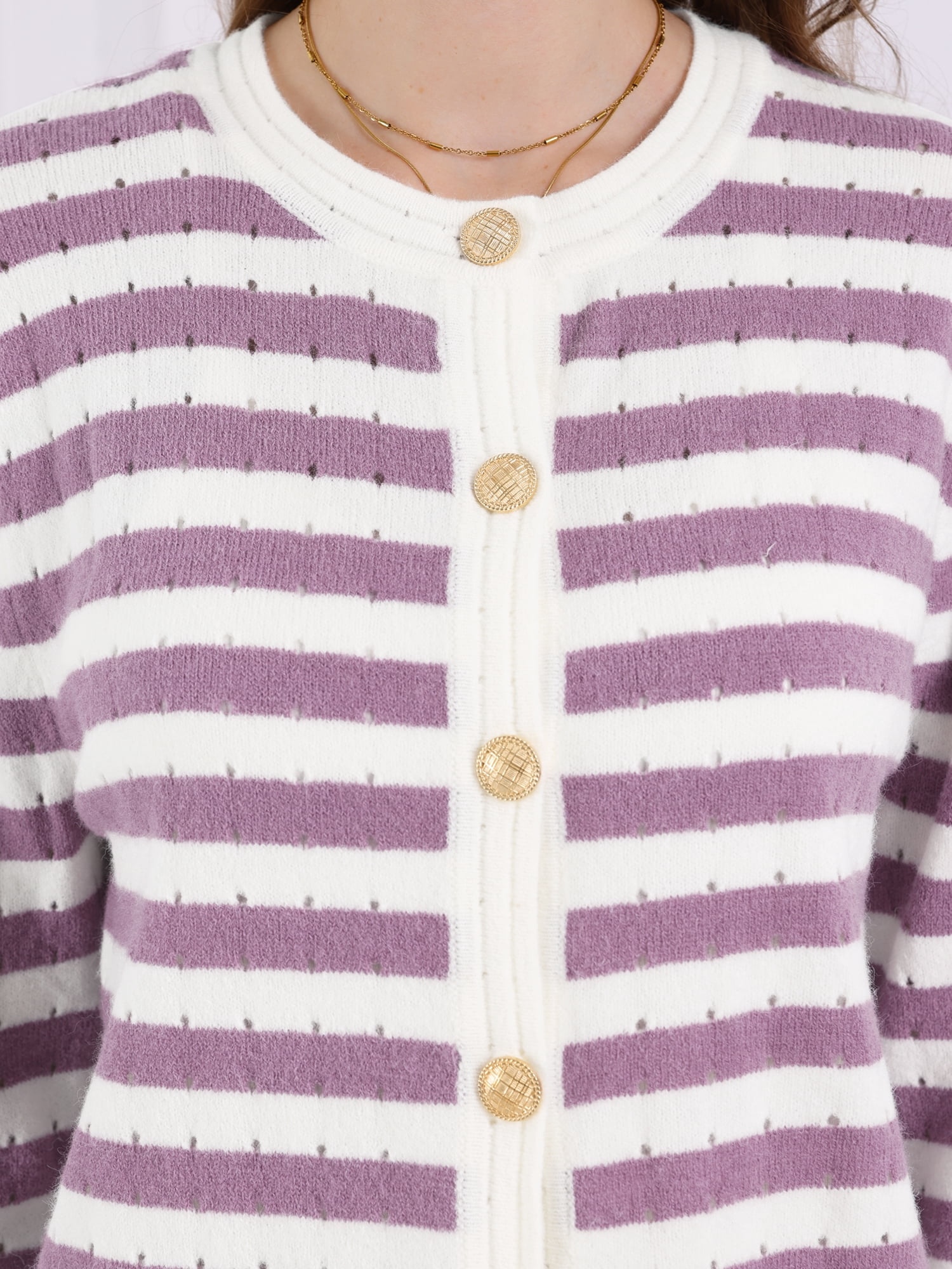 DARING DIVA Women's Striped Knit Long Sleeve Button Down Cardigan S Purple