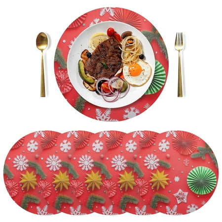 

Round Placemats Plate Mats 15 Inch Non-Slip Heat Resistant Washable PVC Set Table Decoration for Kitchen Dining Paper Fans and Snowflakes