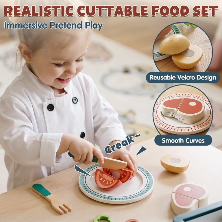 OROLIVING Wooden Kitchen Play Set with Cutting Food & Cookware photo 2