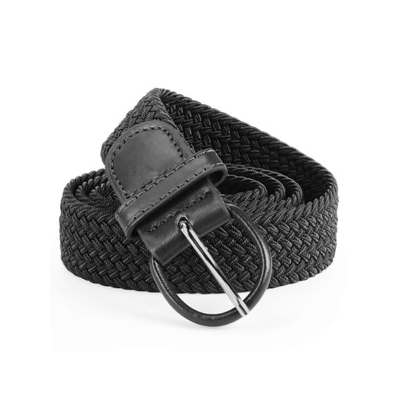 PULLIMORE Elastic Woven Belt - Adjustable Unisex Waistband with PU Leather Trim (Black)